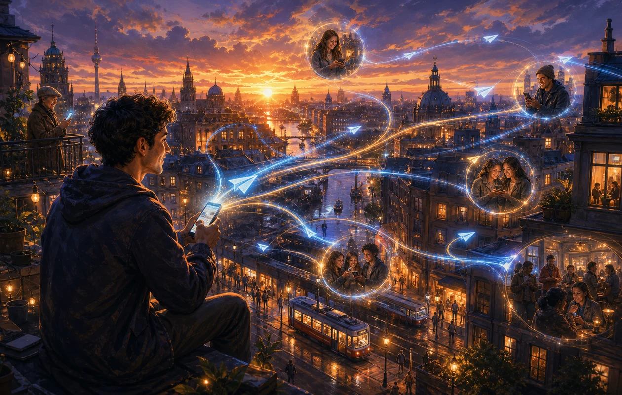 Illustration zu telegram: Nachrichten fliegen ueber die Stadt