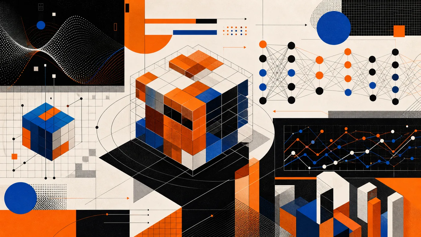 Illustration for TensorFlow: geometric tensor blocks connecting into a learning model