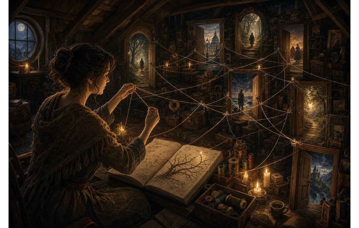 Illustration zu twine: Eine Erzählerin webt eine verzweigte Geschichte