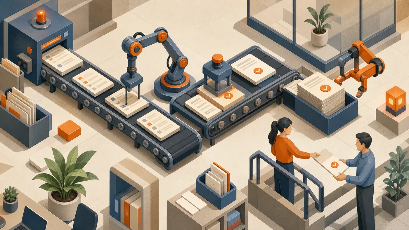 Illustration for UiPath: office tasks moving through robotic arms as an automated paper line