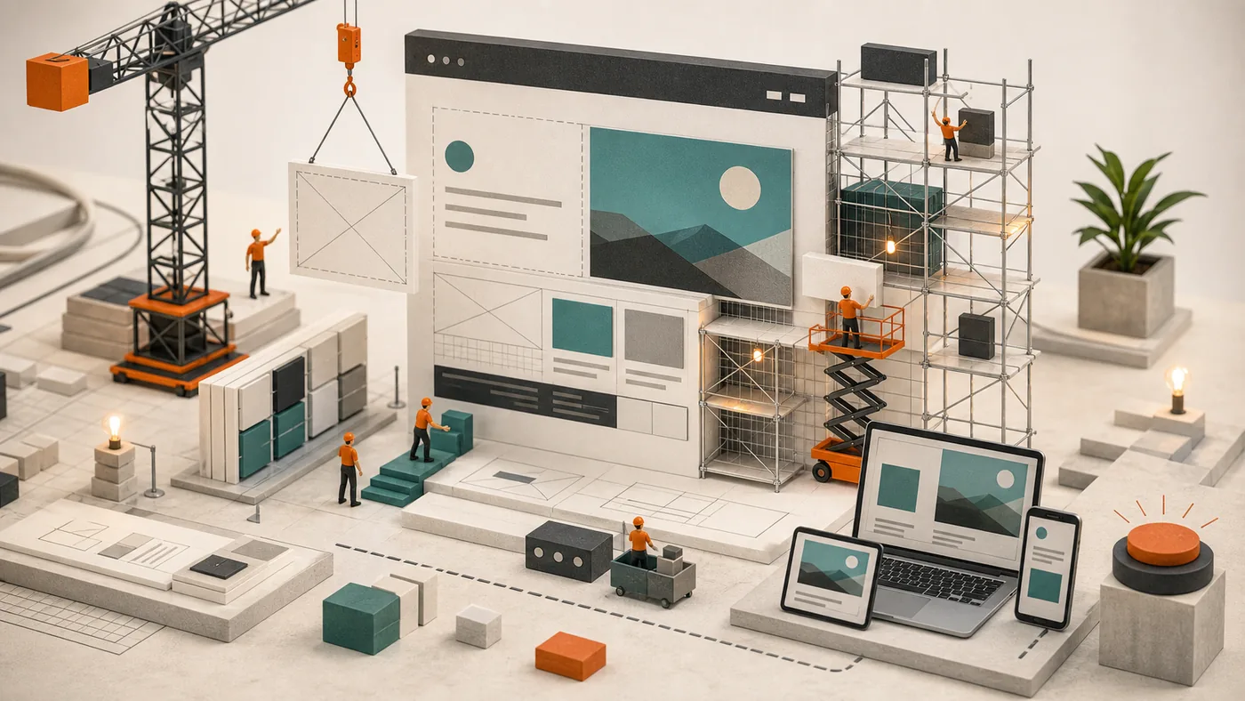 Illustration for Webflow: responsive website blocks assembled on an architectural grid
