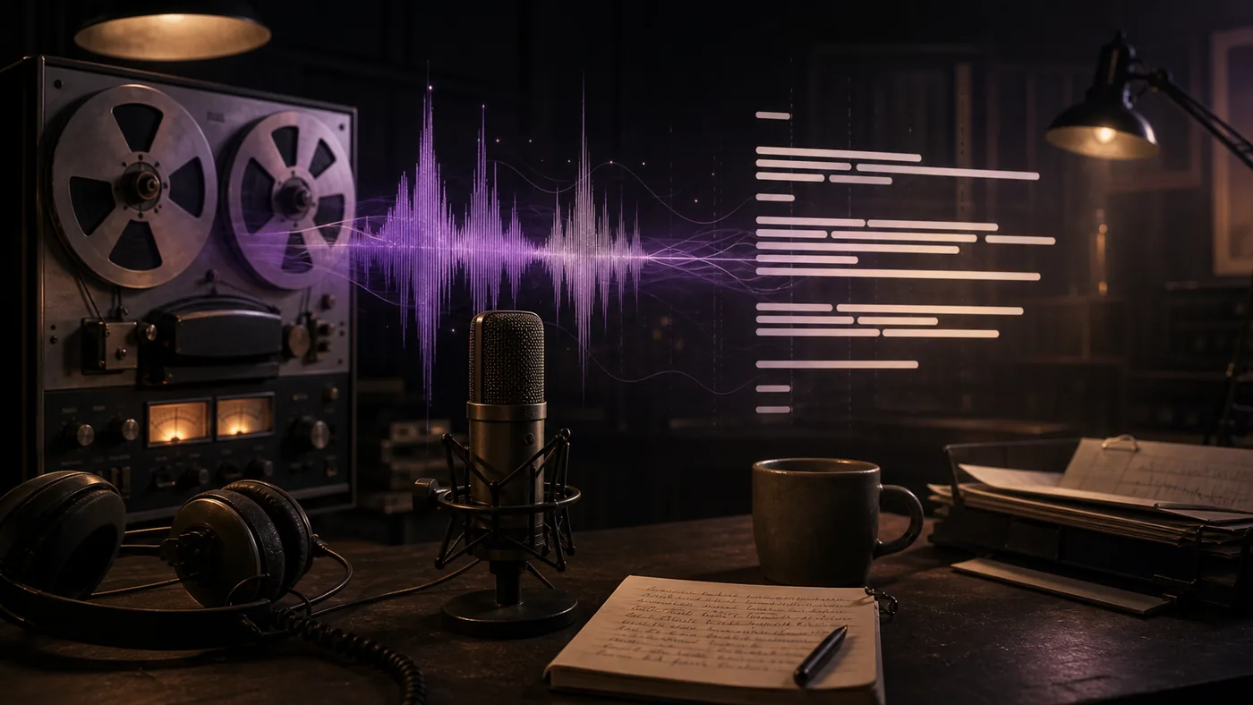 Illustration for Whisper: tape, microphone and speech waves condensing into notes