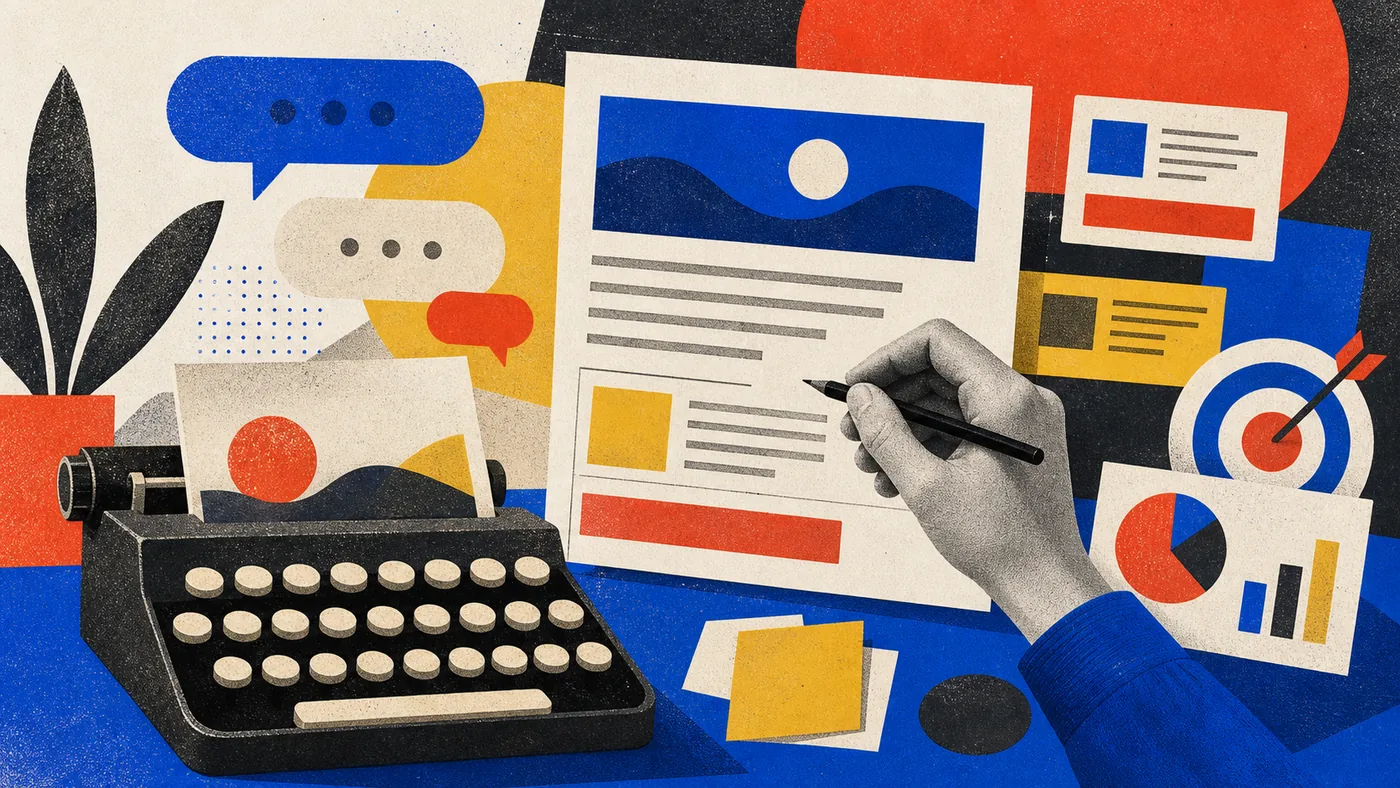 Illustration for Writesonic: campaign ideas, drafts and speech bubbles arranged on a desk