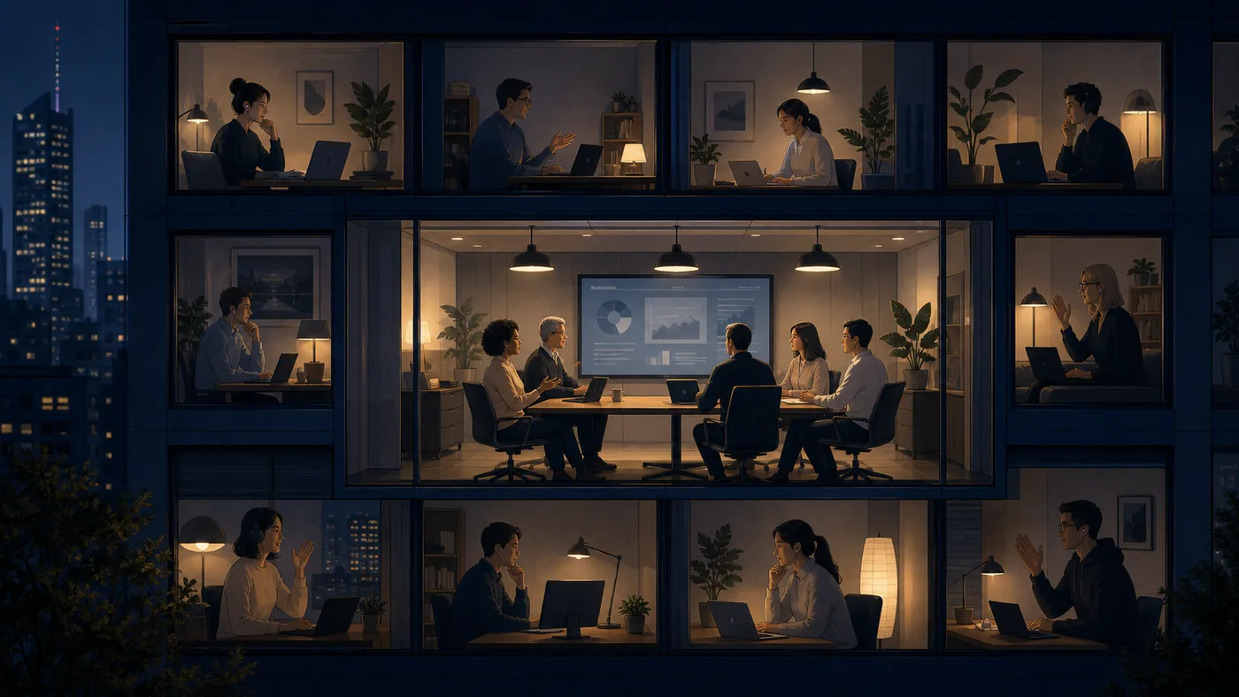 Illustration zu Zoom: verteilte Meetingfenster leuchten wie Räume in einer gemeinsamen Nachtlandschaft