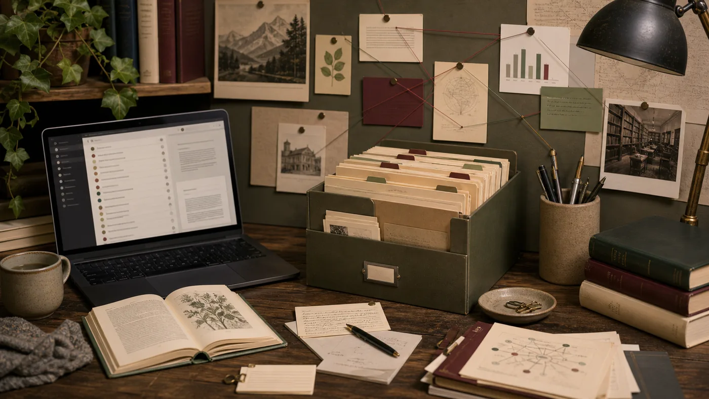 Illustration for Zotero: research notes, books and index cards sorted into a citation network
