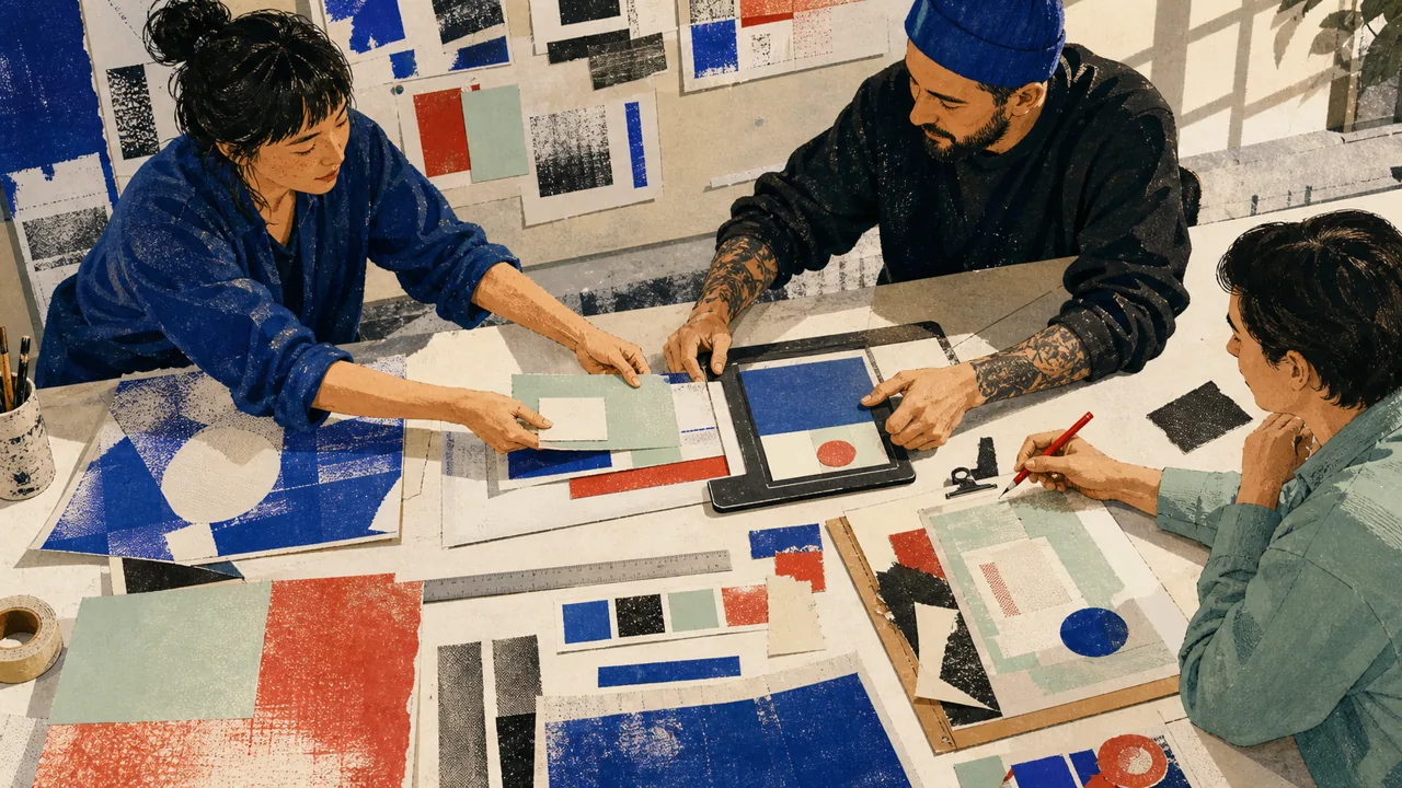 Designerin und Entwickler vergleichen Spezifikationen am Handoff-Tisch