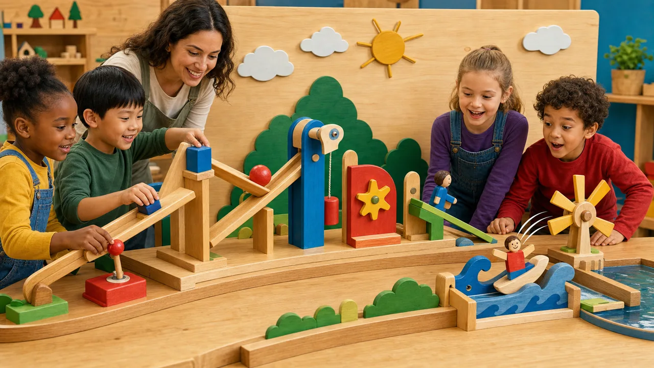 Kinder arbeiten an einem Holzmodell mit Programmieraufgaben und Ursache-Wirkungs-Modulen