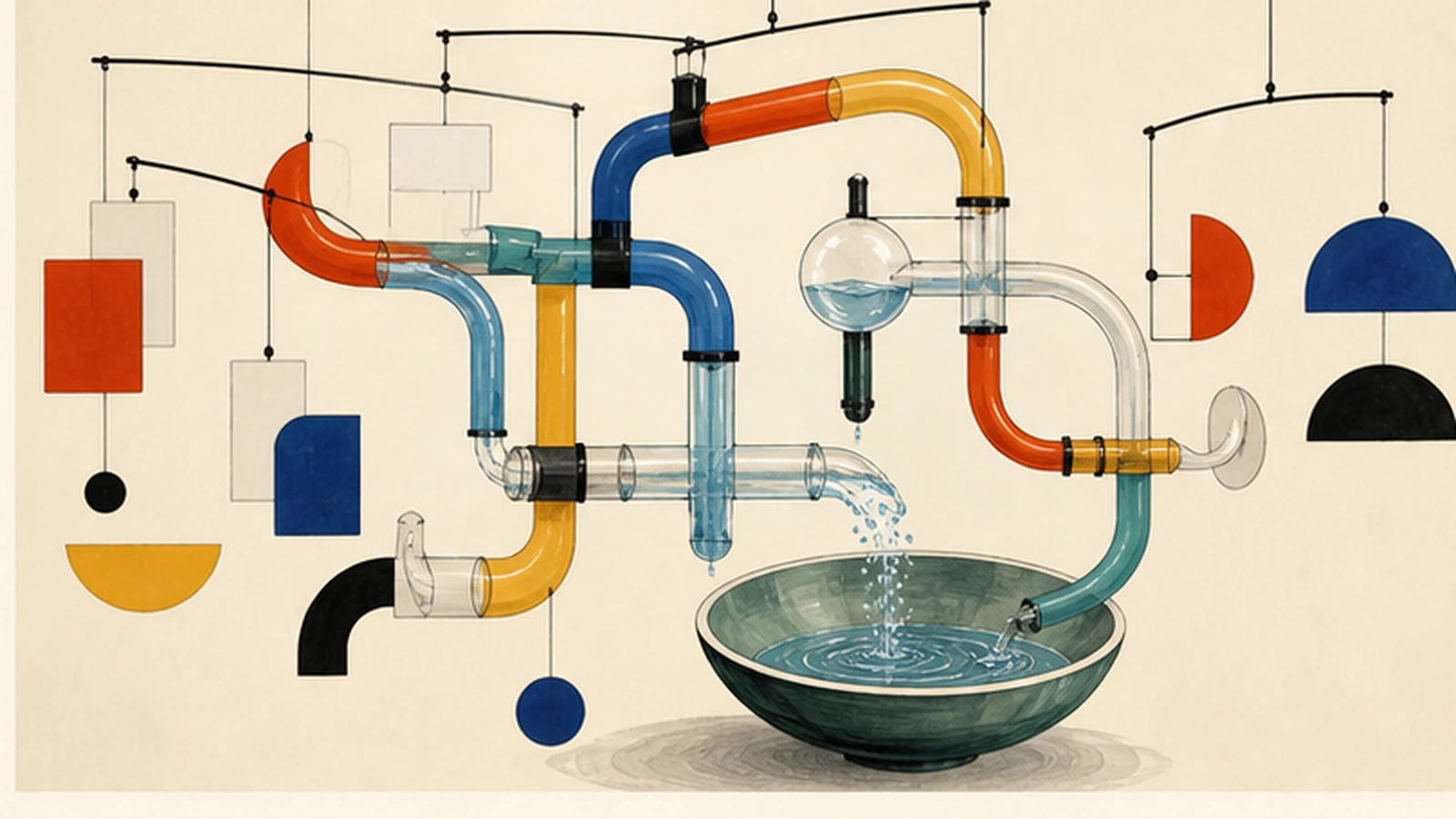 Illustration zu Flowise: ein visueller Agentenfluss verbindet Datenquellen, Modellknoten, Prüfschleife und überwachten API-Ausgang