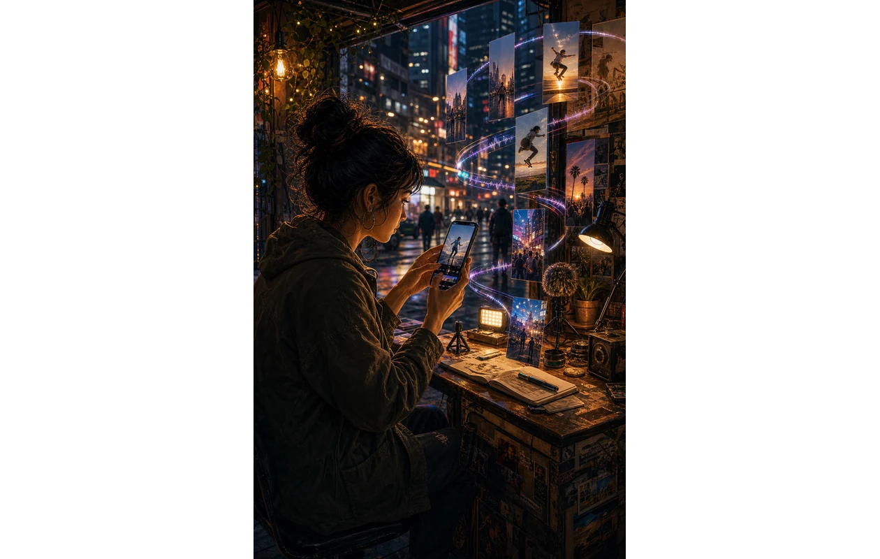Illustration zu vn-video-editor: Creator editing a mobile video story