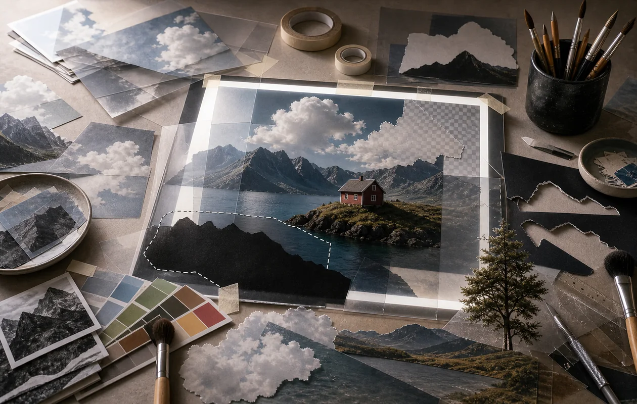 Illustration zu Adobe Photoshop: Bildschichten, Masken und Retuschematerial formen eine Komposition