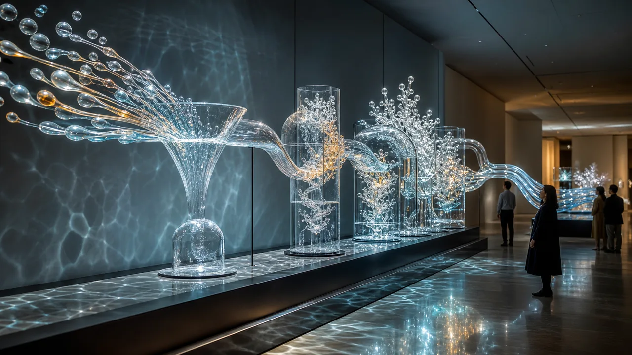 Glasskulptur einer Streaming-Pipeline in einem Museum