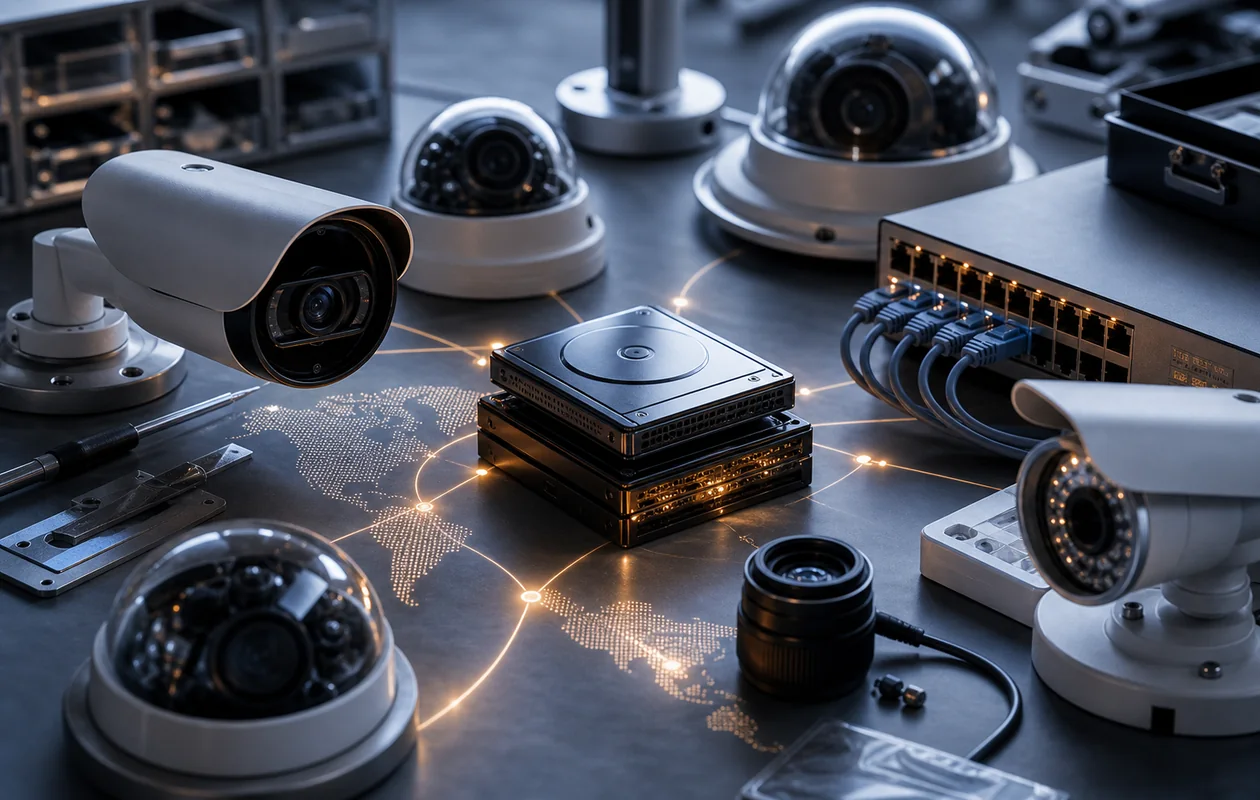 Illustration zu Dahua Technology: Kameralinsen, Netzwerkwege und Archivmodule bilden einen Sicherheitsprozess