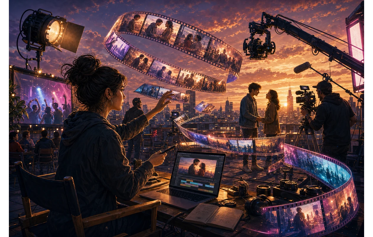 Illustration zu veed: Editor shaping a video story from moving footage
