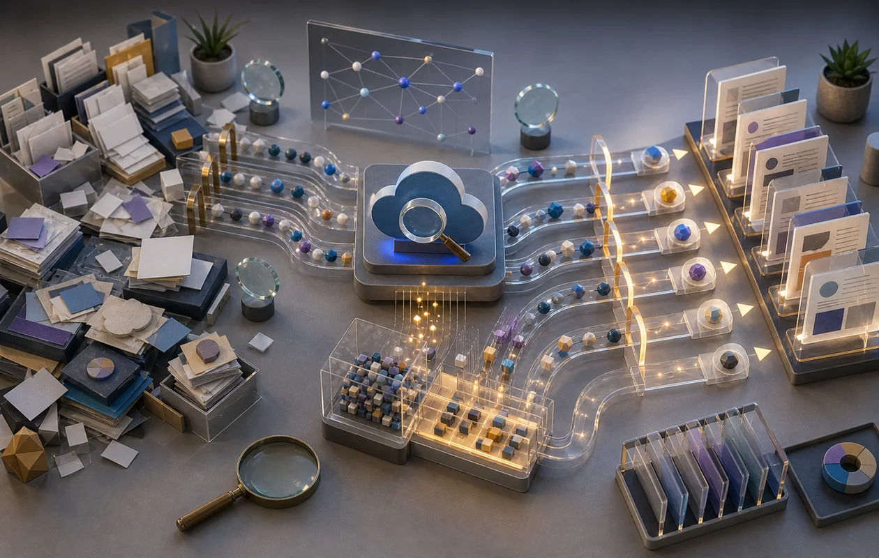Illustration zu Microsoft Azure Cognitive Search: redaktionelle Workflow-Szene zu Microsoft Azure Cognitive Search mit toolbezogenen Arbeitsobjekten