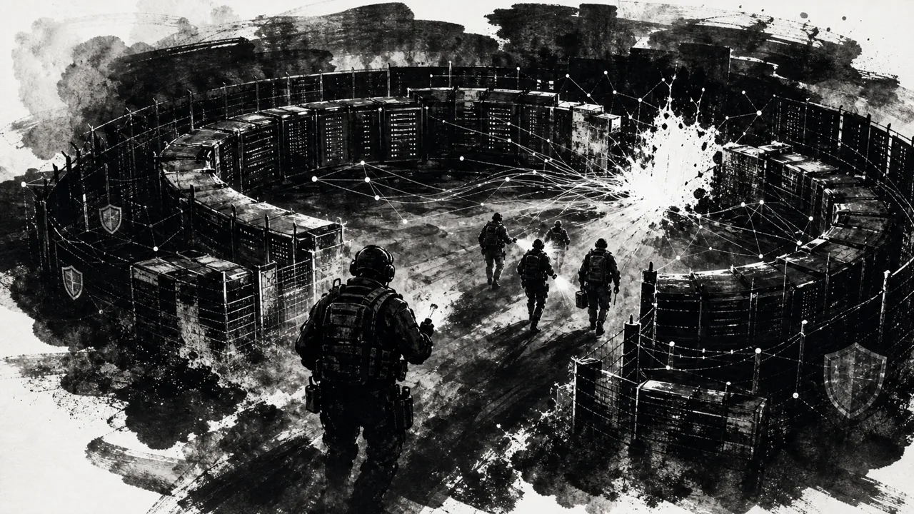 Schwarz-weißer Cyberabwehr-Perimeter mit Einsatzteam