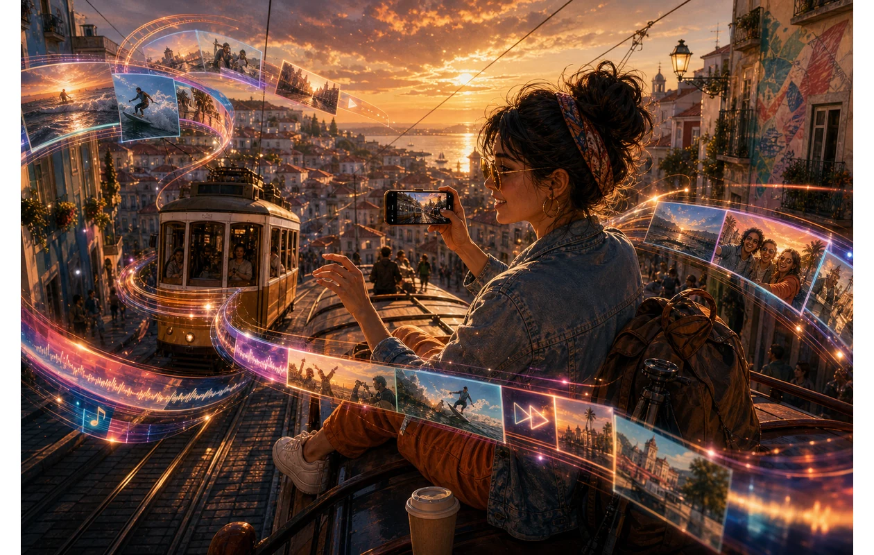 Illustration zu vivavideo: Creator editing a travel montage on the move