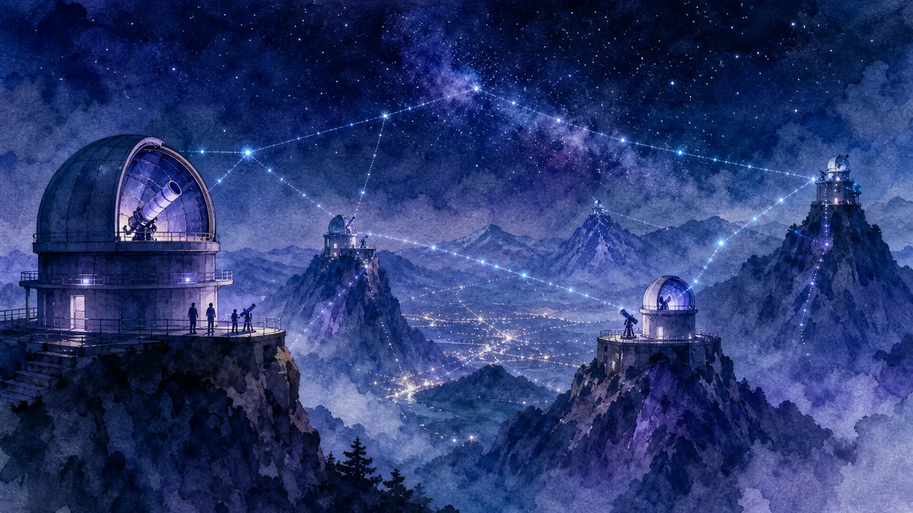 Nächtliches Aquarell-Observatorium mit synchronisierten Gipfeln