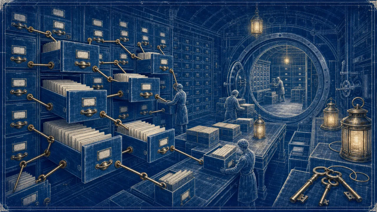 Cyanotypie eines verknüpften relationalen Archivgewölbes