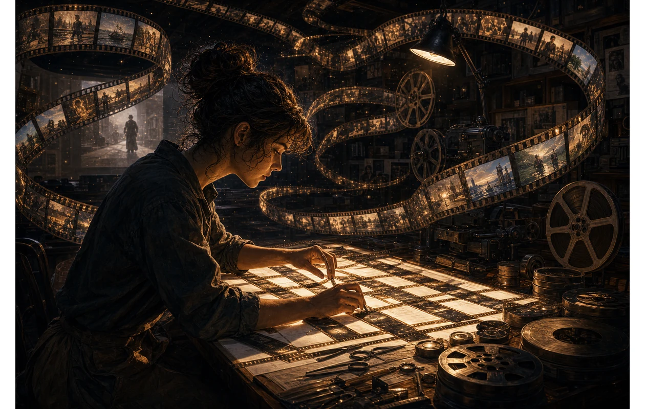 Illustration zu vn: Editor assembling a film from fragments